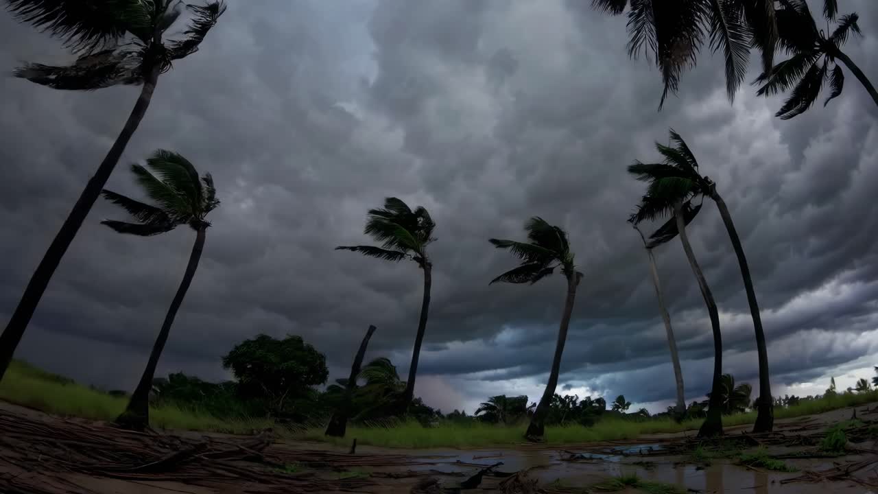 Dramatic fisheye video shot of palm trees bending in strong winds under a stormy sky