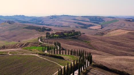 hermosa vista aérea desde arriba vuelo toscana cipreses avenida callejón rural italia