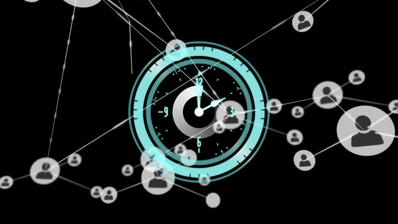 Animation of clock over network of connections with icons on black background