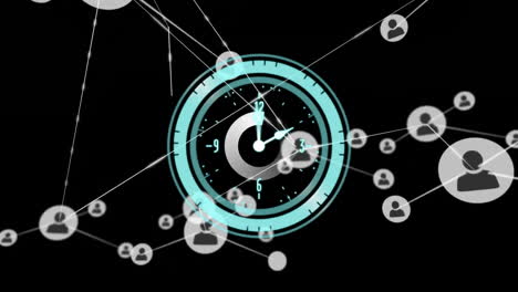 Animation-of-clock-over-network-of-connections-with-icons-on-black-background