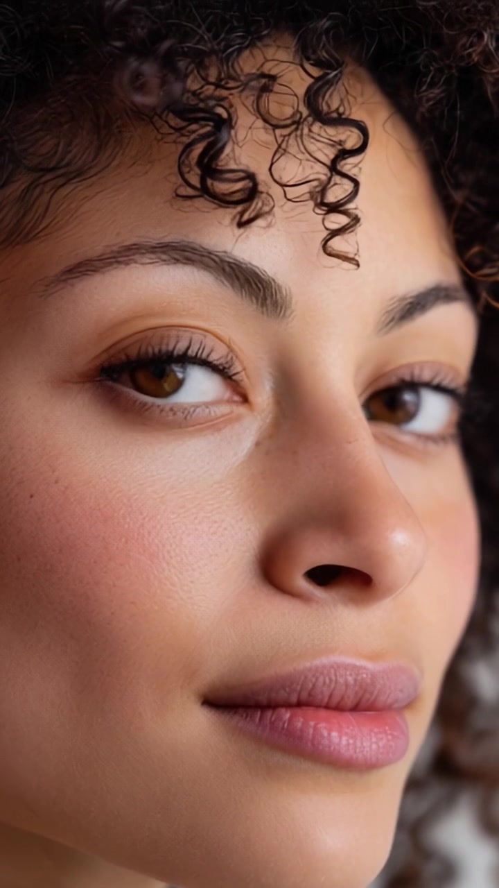 Close-up Portrait of a Young Woman with Natural Curly Hair and Captivating Eyes Showcasing Subtle Beauty and Expression in Two Frames