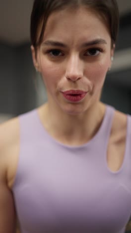 Zoom-in-vertical-dynamic-video-portrait-of-a-confident-brunette-girl-in-a-sports-purple-top-doing-sports-and-running-on-the-spot-in-a-modern-apartment-at-home