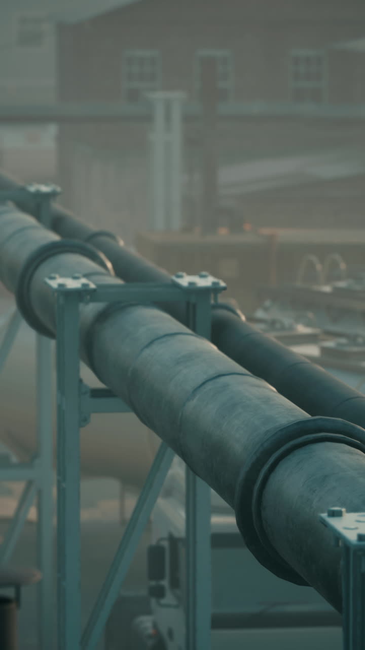 tuberías industriales y una fábrica en el fondo