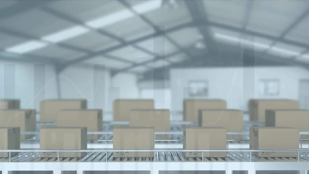 컨베이어 벨트에 있는 카드보드 상자 위에서 통계 처리의 애니메이션