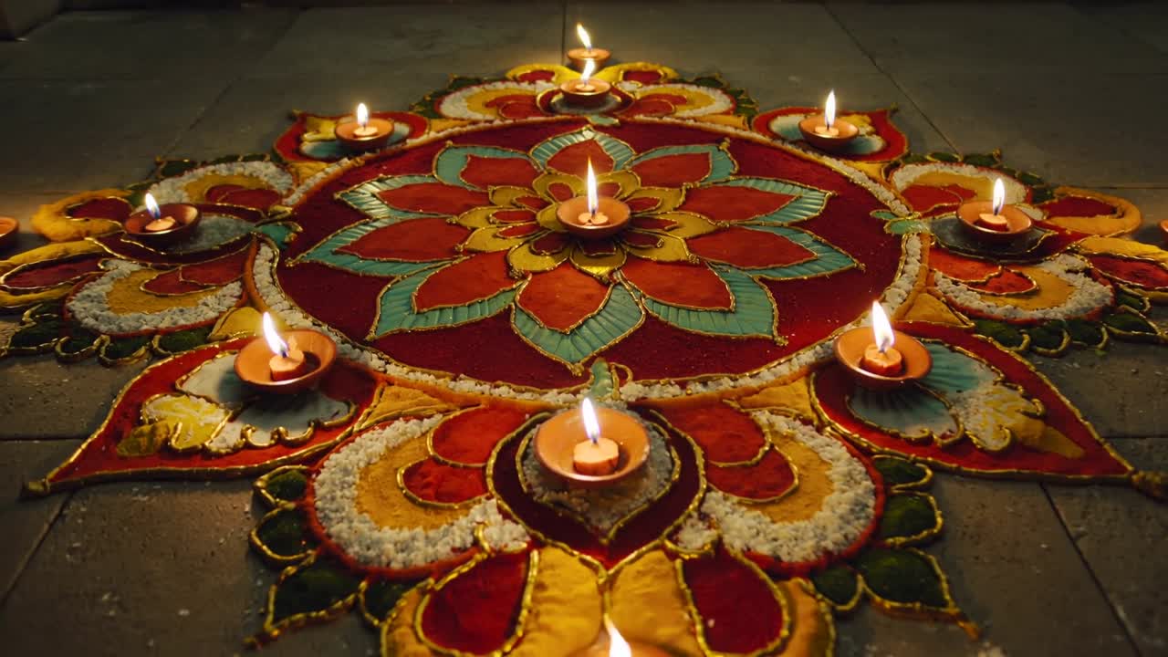 Gliding camera capturing rangoli and flickering diyas on entryway floor highlighting texture