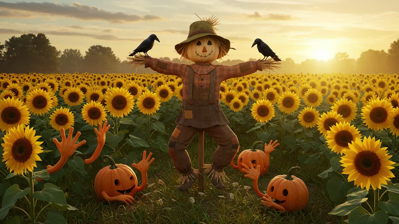 A Whimsical Scarecrow Surrounded by Sunflowers, Autumn Pumpkins, and Crows in a Vibrant Field at Dusk, Capturing the Essence of Harvest Season and Nature's Bounty
