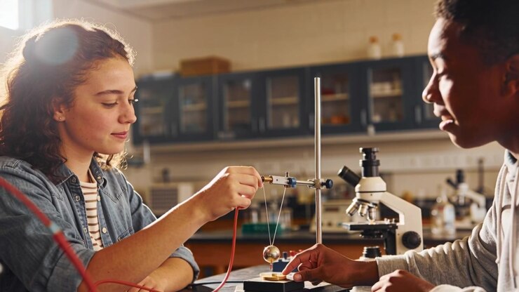 Connecting red wire after high-five to test, lab partners in denim jacket steadying clamp in school