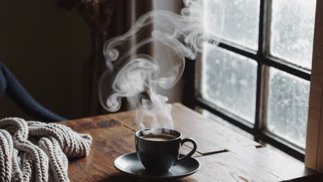steaming coffee on a wooden table by a frosty window