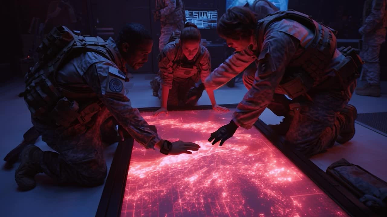 Soldiers analyzing tactical data on a digital map at night