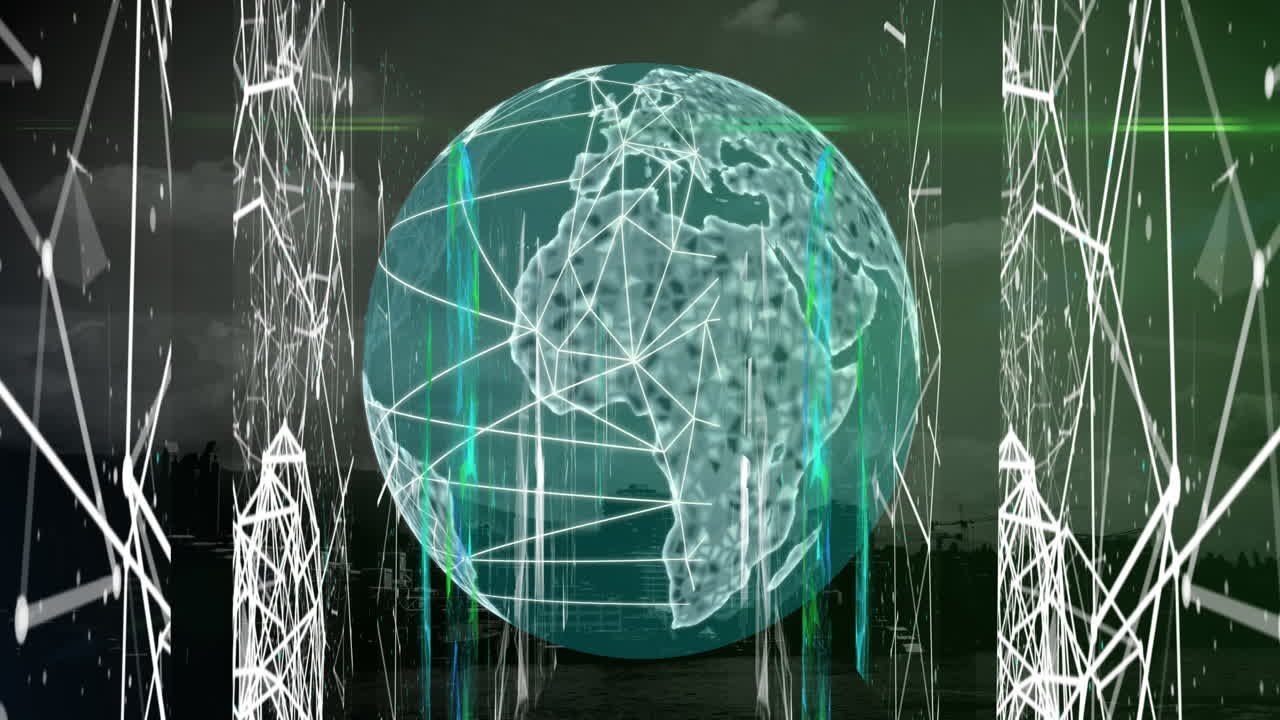 Animation of globe and data processing over connections