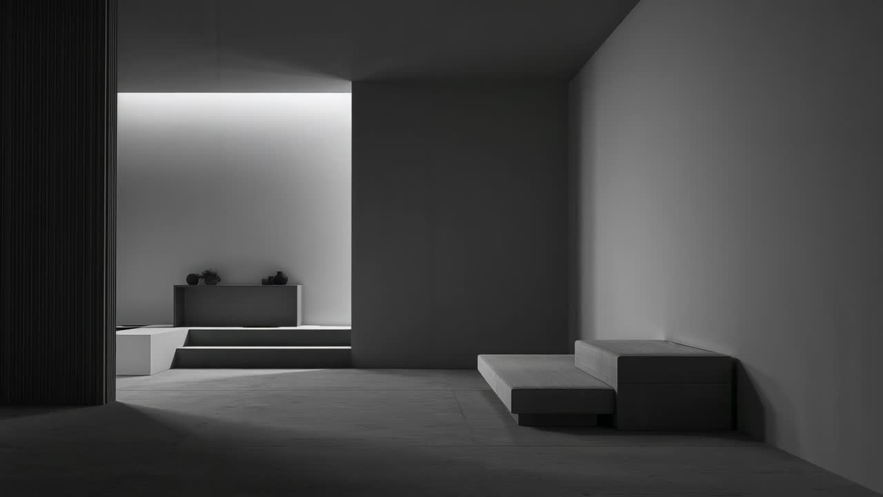 Camera maintaining continuous view of lounge showcasing recessed LED-lit alcove vases, bench sofa