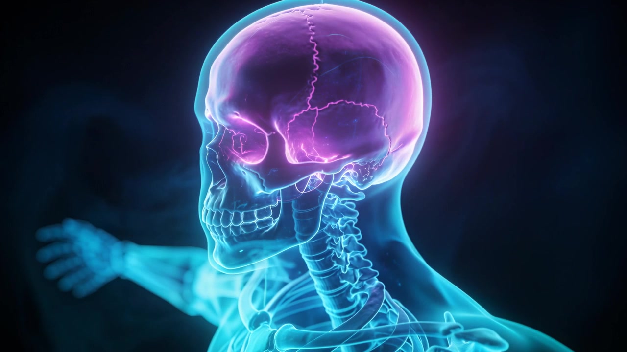 Scheletro rotante che rivela un teschio con un bagliore magenta in un vuoto oscuro per l'anatomia, sequenza in avvio.