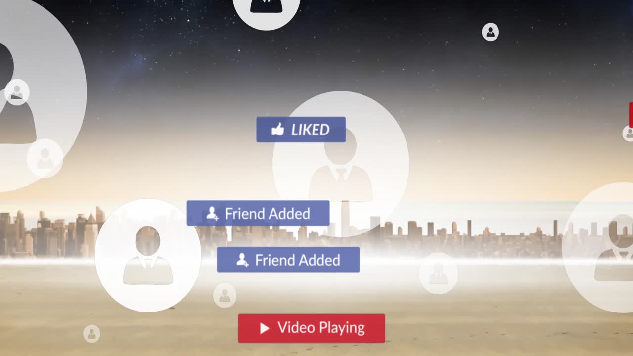 도시 풍경 위에 디지털 아이콘이 있는 배너에 있는 소셜 미디어 텍스트의 애니메이션