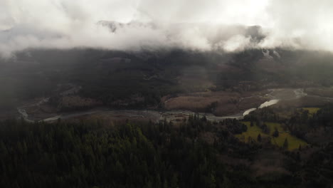 aerial view of hoh river and surroundings on cloudy day, washington state olympic peninsula