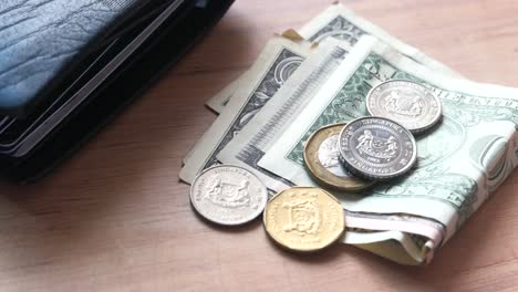 money and wallet on wooden table