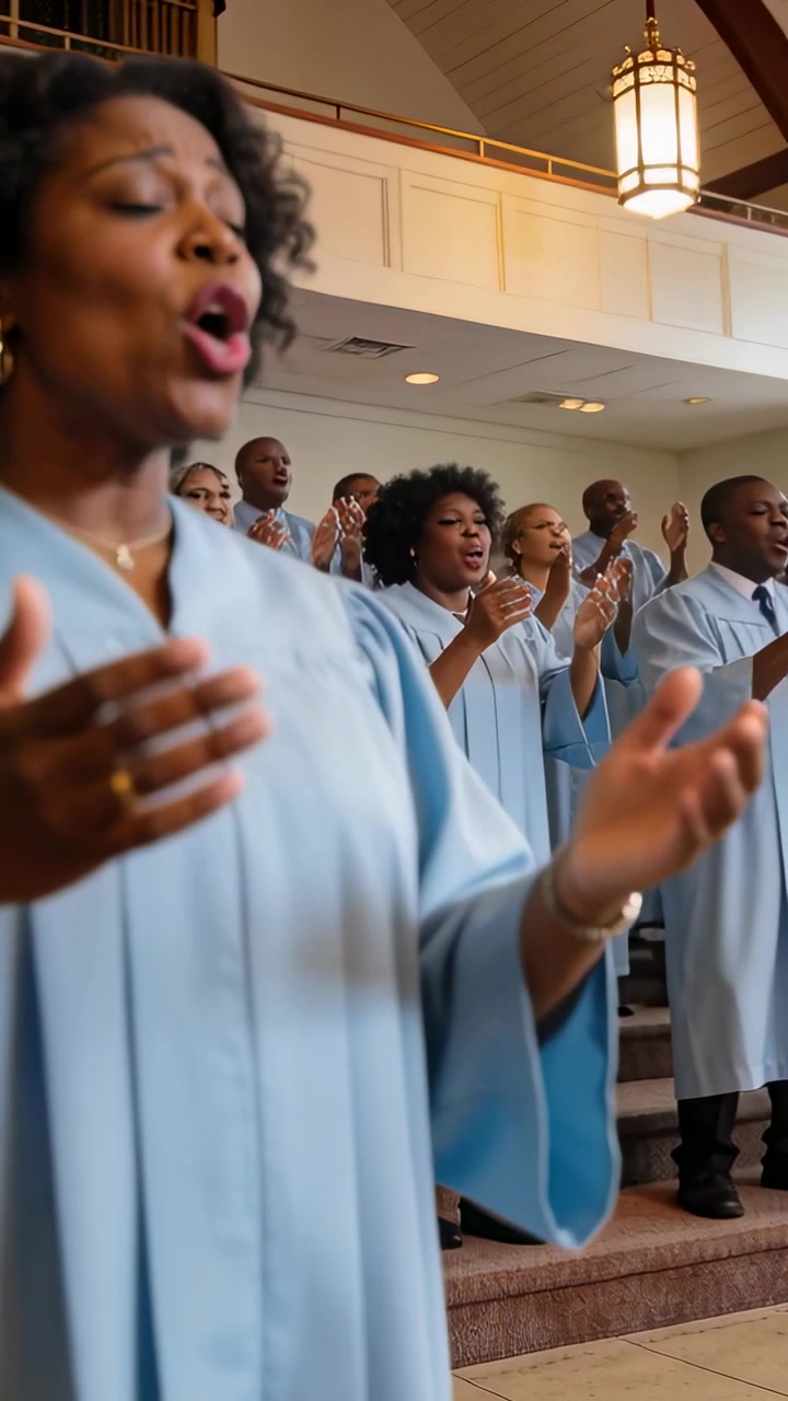 Vertical video: Singing lead singer urging choir clapping and raising hands in church, blue robes