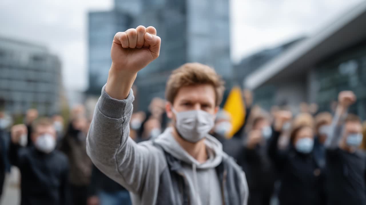 A Determined Activist Raises a Fist in Unity Amidst a Wave of Supporters in a Passionate Demonstration for Change and Social Justice