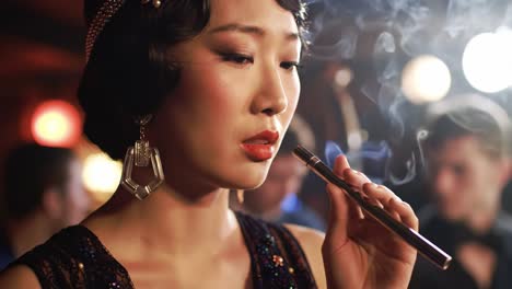 elegant woman in glamorous attire enjoying a relaxing moment with smoke circling around her, capturing the essence of sophistication and nostalgia in a dimly lit atmosphere