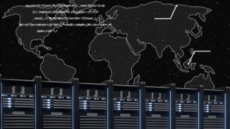 Animation of world map and data processing over computer servers