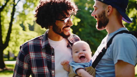 happy fathers with their baby in a sunny park