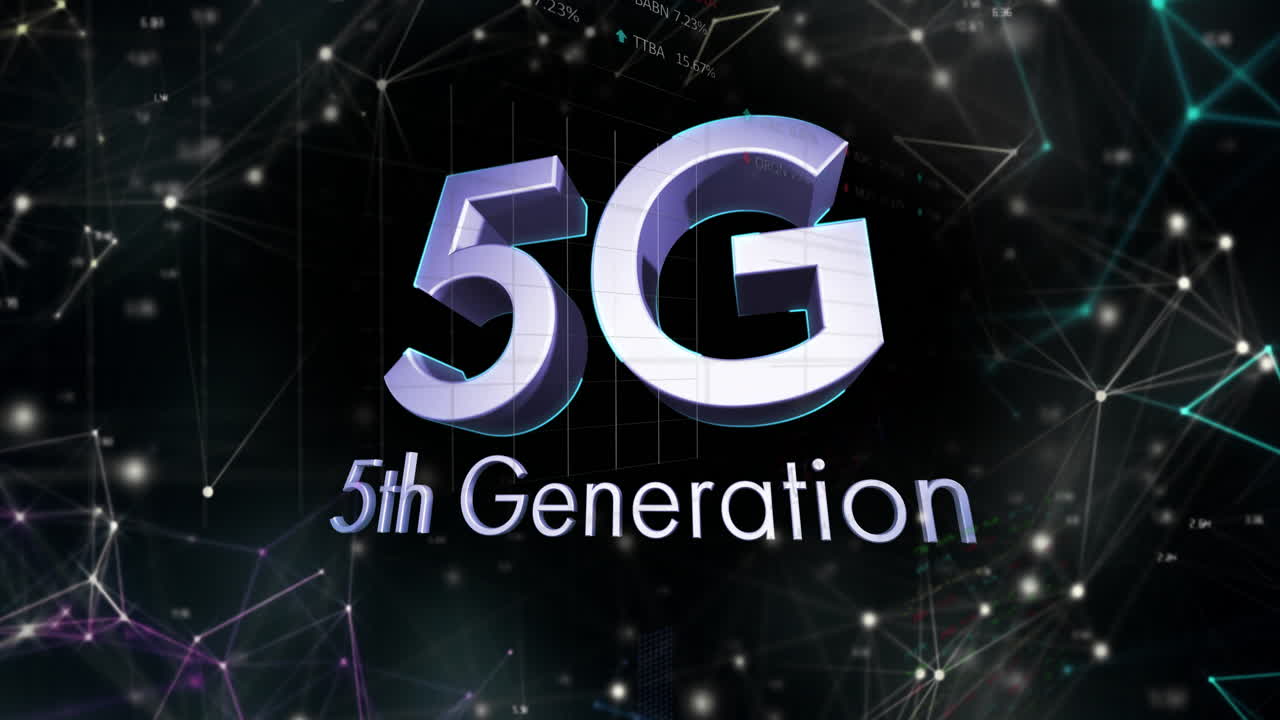 Animation of 5G text with digital network connections in background