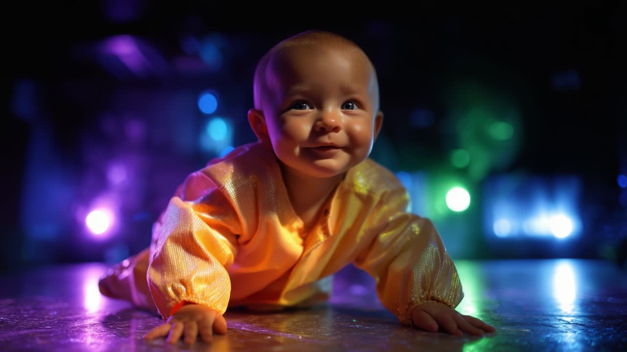 A Joyful Smiling Baby in a Colorful Environment, Crawling Playfully with Vibrant Lights and a Cheerful Expression Throughout the Captivating Moment