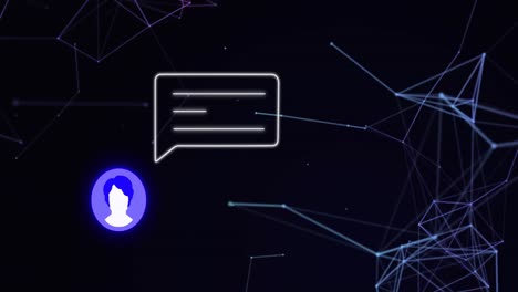 animación de constelaciones y alerta de redes sociales con icono de usuario sobre fondo negro