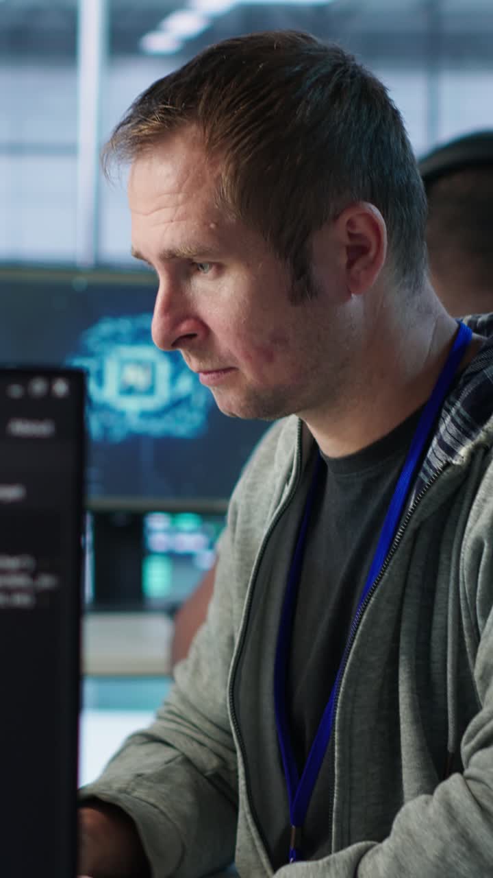 Man Working on Computer in Office Turns and Smiles