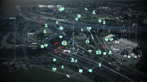animación de iconos conectados que forman un globo en círculo sobre una vista aérea de vehículos en la calle de la ciudad