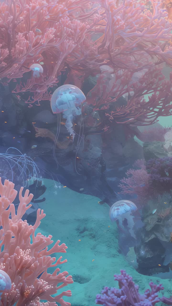 Video verticale: medusa trasparente pulsante che galleggia in un acquario grazie a una leggera corrente, con corallo rosa