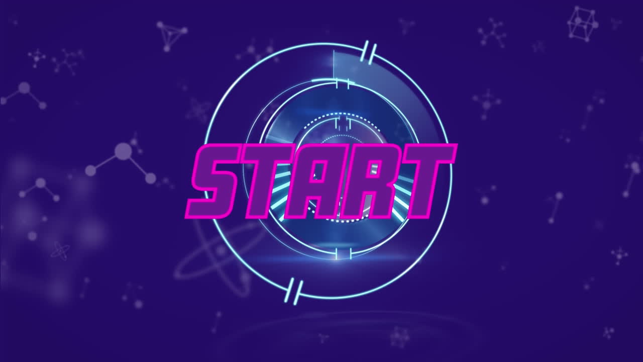 animación del banner de texto de inicio sobre escáner redondo de neón y estructuras moleculares en fondo azul