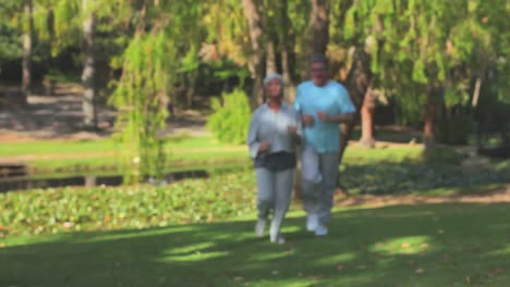 mature couple running outdoors