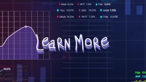 animation of learn more text and data processing on blue background