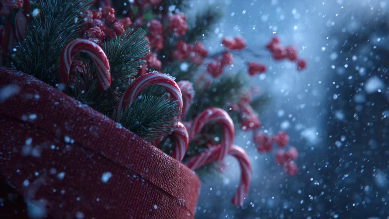 A Festive Winter Scene Featuring Candy Canes and Holiday Decorations Amidst a Gentle Snowfall, Evoking a Warm and Joyful Atmosphere for the Holidays