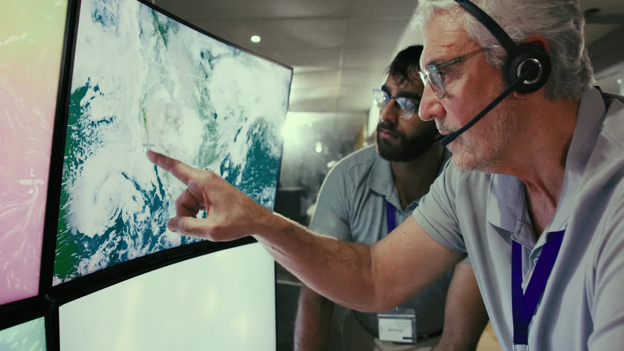 dos hombres discuten un pronóstico del tiempo