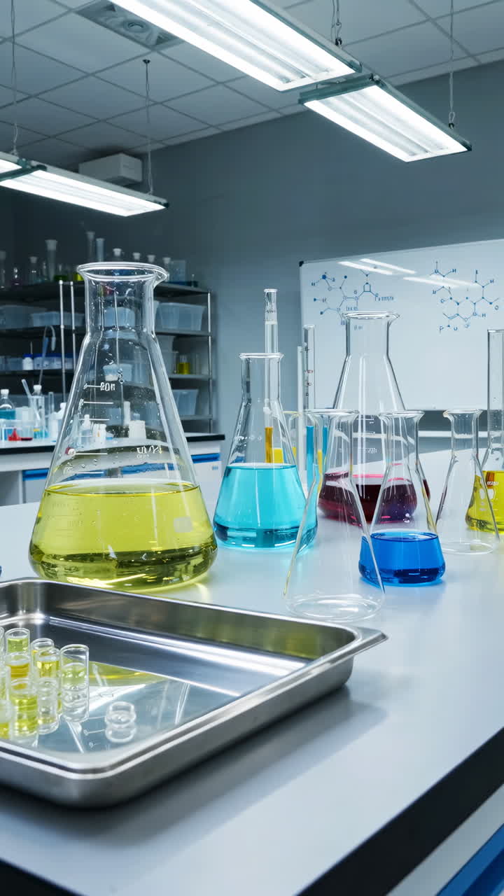 Laboratorieopsætning med forskellige bægerglas og kolber indeholdende farverige væsker