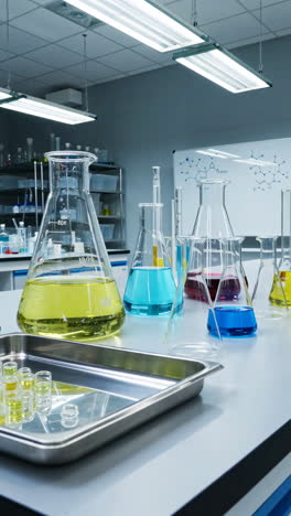 laboratory setup with various beakers and flasks containing colorful liquids