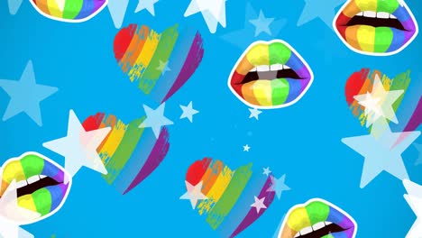 animación de estrellas sobre bocas abiertas multicolores y formas de corazón contra un fondo azul