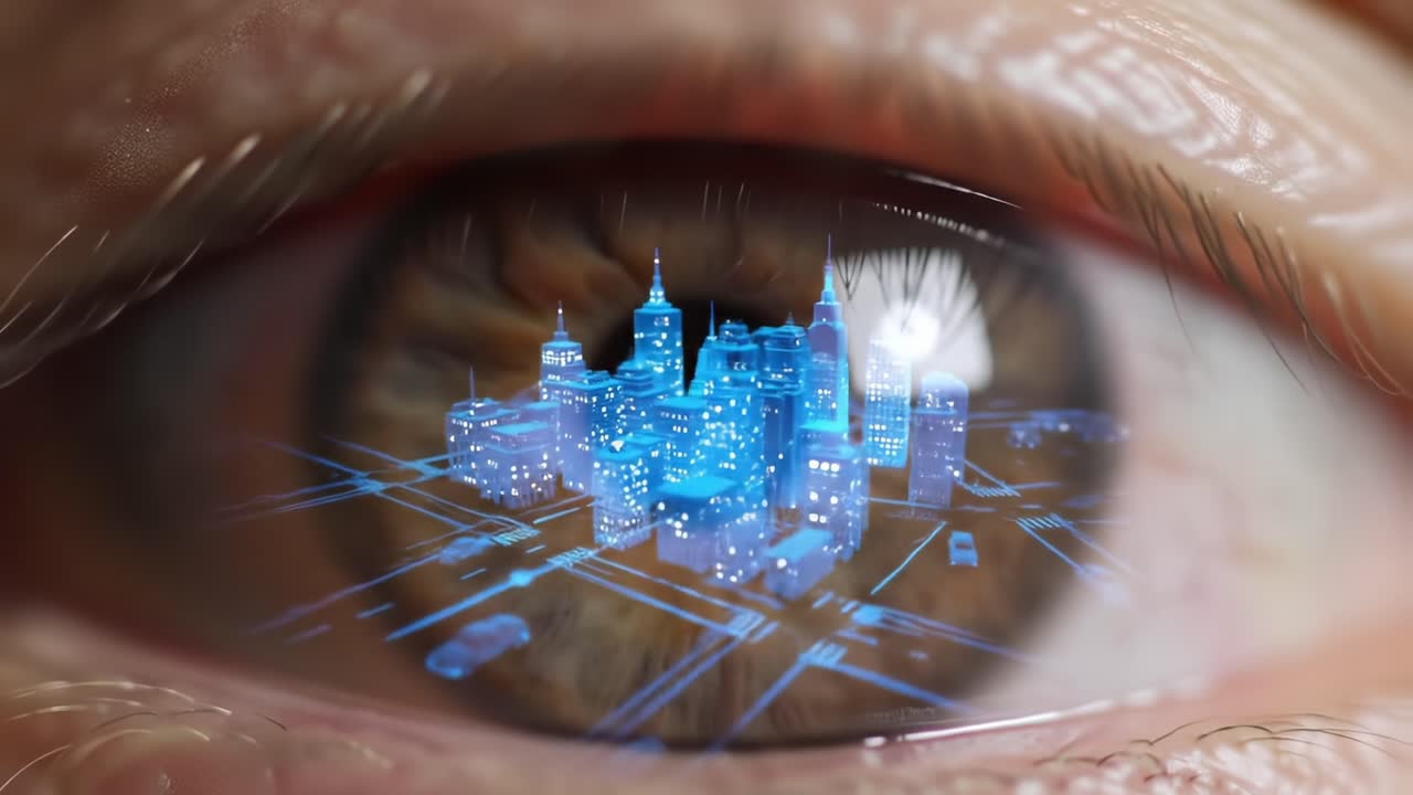A Surreal Reflection: The Vision of a Futuristic Cityscape Captured in the Eye, Merging Nature and Technology Through a Detailed Iridescent Lens