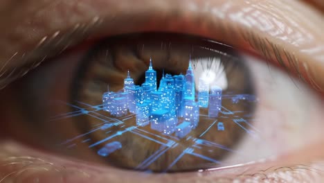 a surreal reflection: the vision of a futuristic cityscape captured in the eye, merging nature and technology through a detailed iridescent lens