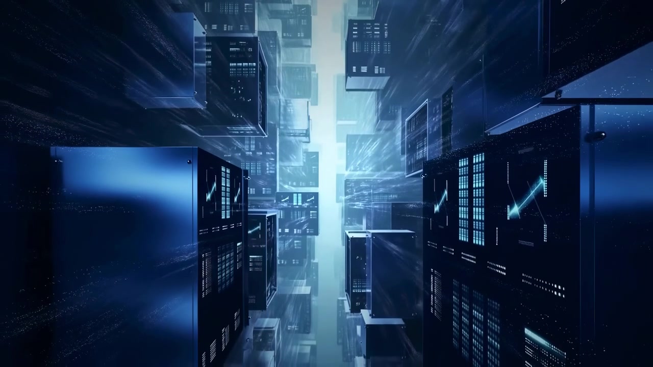 Midpoint descent through futuristic illuminated skyscraper canyon with cool blue lighting and motion