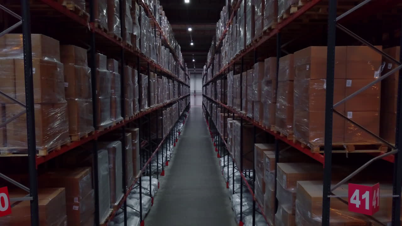 Warehouse Interior with Full Shelves of Packed Goods
