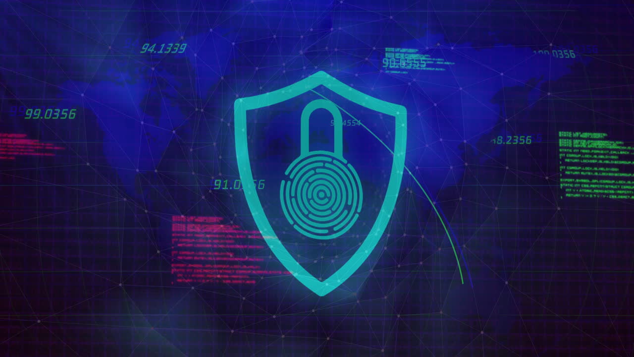 Turquoise shield outline enclosing fingerprint padlock hovering over cyber grid, showing neon data
