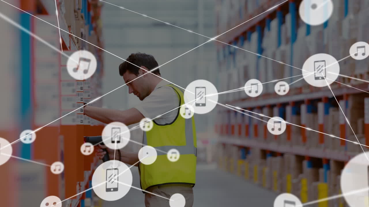 Animation of network of connections over caucasian man in warehouse
