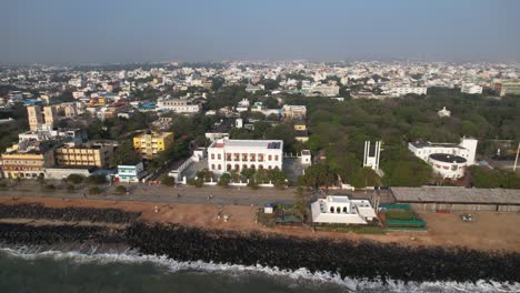 Aerial-footage-of-Pondycherry-Beach,-a-former-French-colony