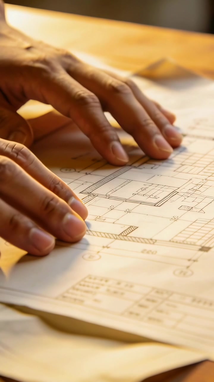 Vertical video: Pointing two hands tracing and aligning blueprint on wood table checking dimensions