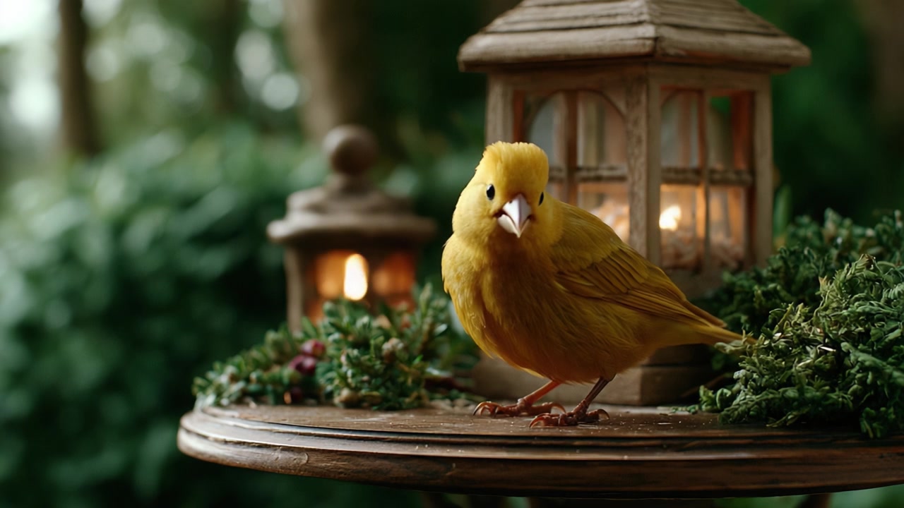 Un Vivace Canarino Giallo Appollaiato con Grazia su un Tavolo di Legno Rustico Circondato da Vegetazione e Luci Soffuse di Lanterne, Catturando l'Essenza della Tranquillità e della Natura.