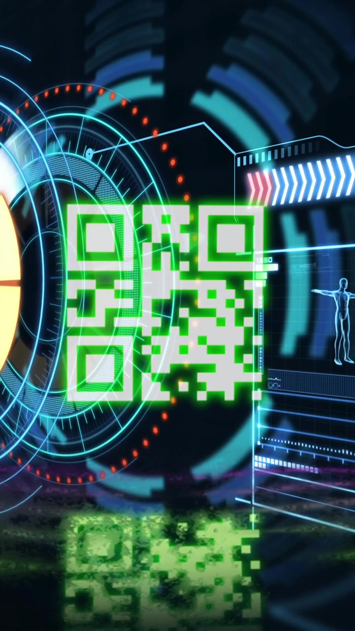 Animation af neon QR-kode med linjer over databehandling og skanningsomfang på sort baggrund