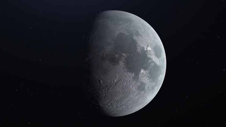 Lua ultrarrealista vista da órbita, atmosfera do espaço. Animação 3D em loop.