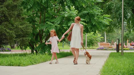 Mother and Daughter Walking Dog in Park